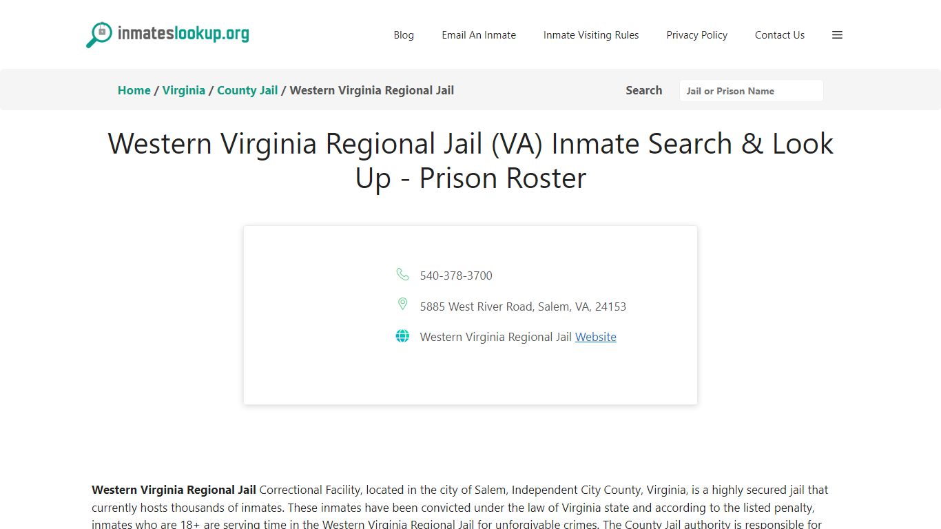 Western Virginia Regional Jail (VA) Inmate Search & Look Up - Prison Roster